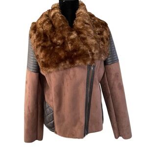 Donna Salyers Fabulous Furs Faux Fur Lined M Suede Moto Quilted Jacket Brown Y2K